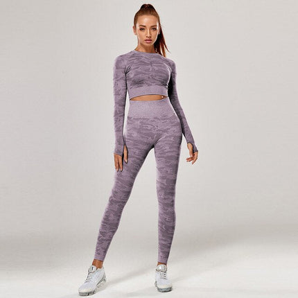 Yoga Set 2 Piece Sport Outfits Gym Activewear Long Sleeve Crop Top + Yoga Pants Running Leggings Suits Workout Tracksuits-5