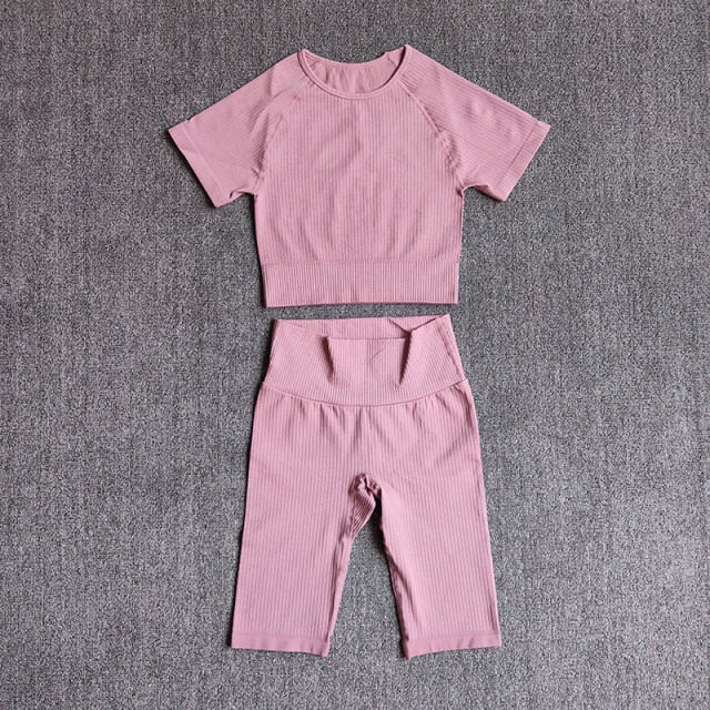 Seamless Yoga Set Women 2pcs Crop Top T-shirt High Waist Shorts Gym Clothes Sport Suit Workout Outfit Sport Wear-5
