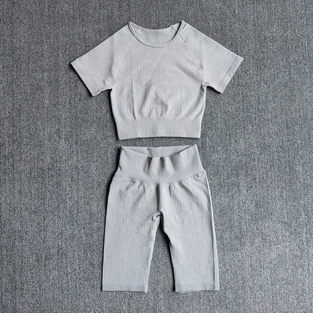 Seamless Yoga Set Women 2pcs Crop Top T-shirt High Waist Shorts Gym Clothes Sport Suit Workout Outfit Sport Wear-10