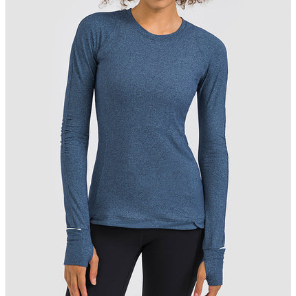 Hidden Zipper Pocket Yoga Workout Sport Pullover Women Thermal Nylon Crew Neck Nylon Running Gym Long Sleeved Shirts-4