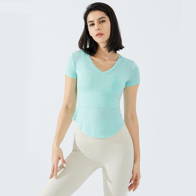 Ultralight V-neck Sport Fitness Training T-shirt Women Breathable Slim Fit Workout Gym Short Sleeved Shirts Crop Top-0