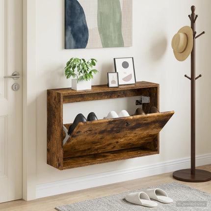 Wandgemonteerde Schoenenkast Breda 71 X 17 X 43 Cm Bewerkt Hout - XdropX